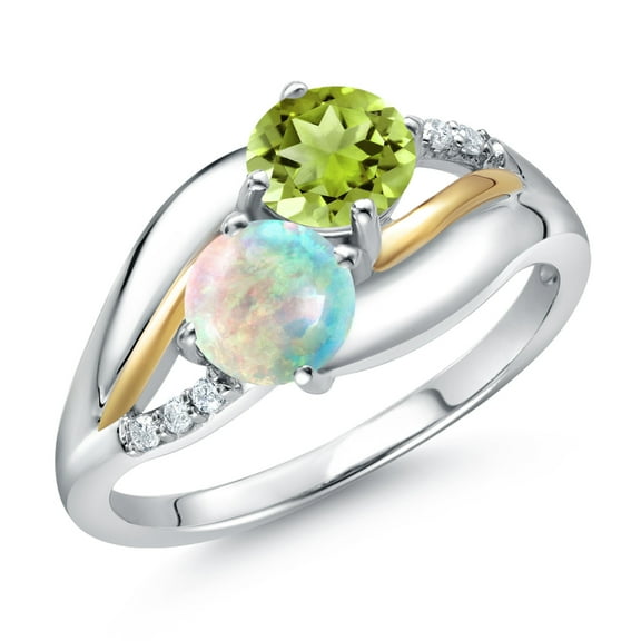 925 Sterling Silver and 10K Yellow Gold White Simulated Opal Green Peridot and Lab Grown Diamond 2 Stone Engagement Ring for Women (1.09 Cttw, Round Cabochon 5MM, October Birthstone, Size 9)