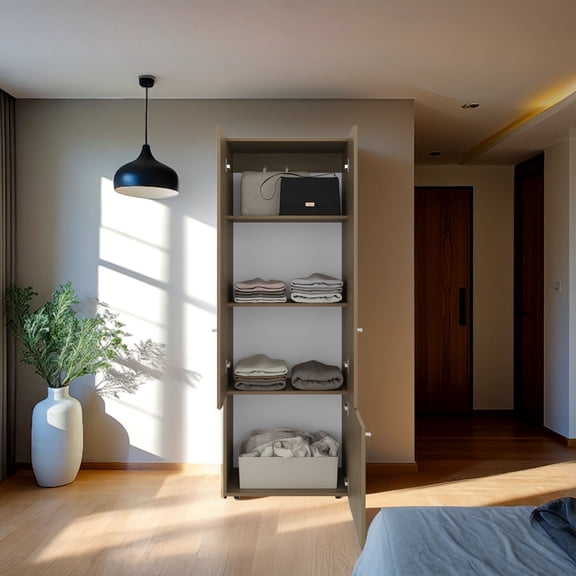 Nmkwnr Wood Wardrobe with 4 Shelves, 3 Door Tall Storage Cabinet for Bedroom, Living Room, Entryway, Light Brown