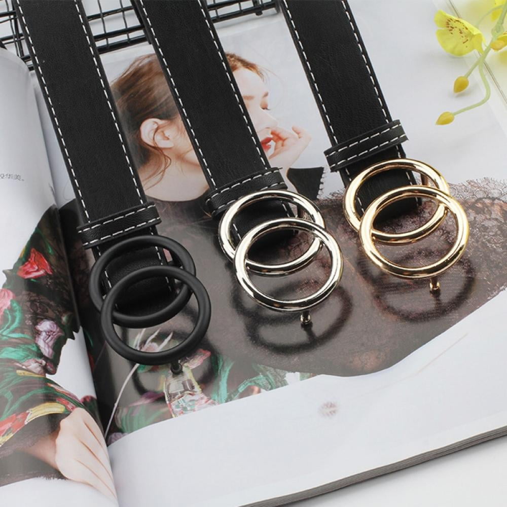 BLACK-BLACK Faux Leather Double Ring Belt - Belts