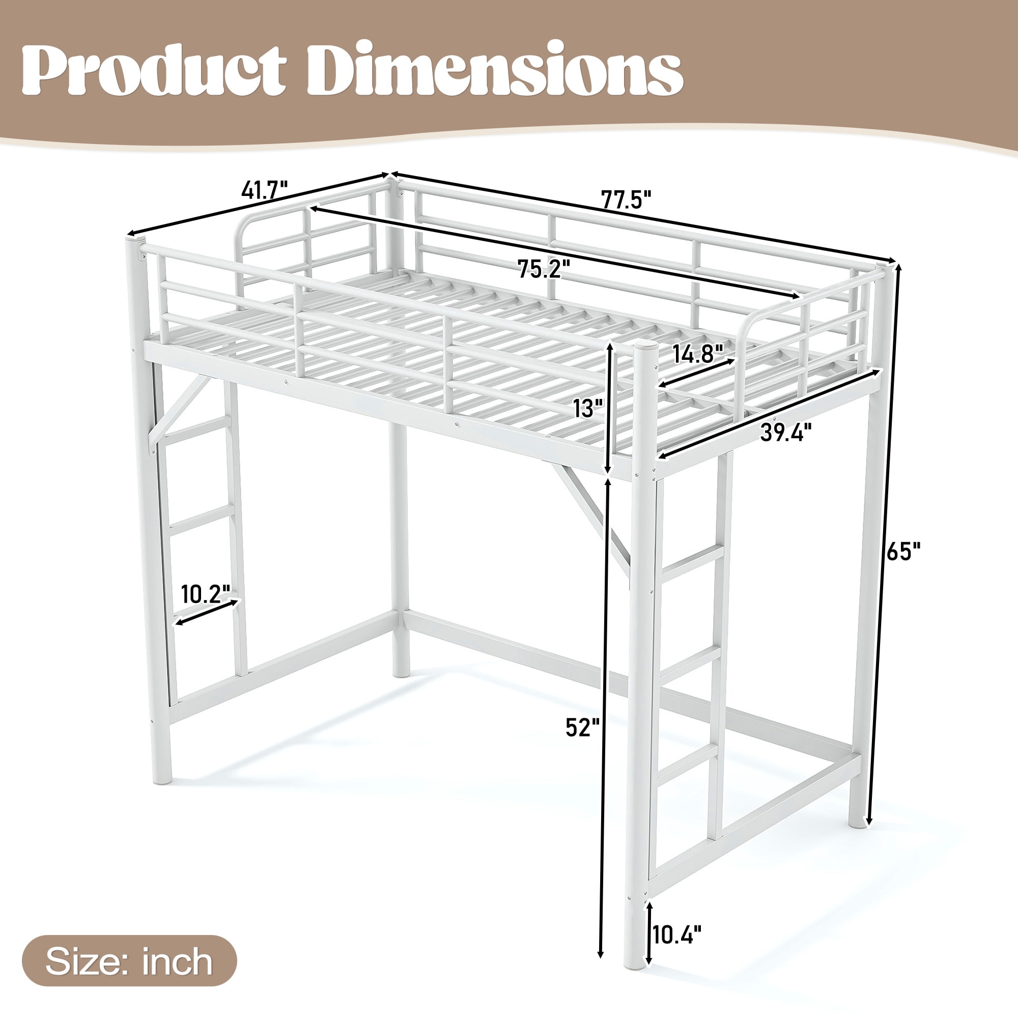 Mintazer Twin Metal Loft Bed Frame with Side Ladders & Guardrails for Teens Adults, No Box Spring Needed, White