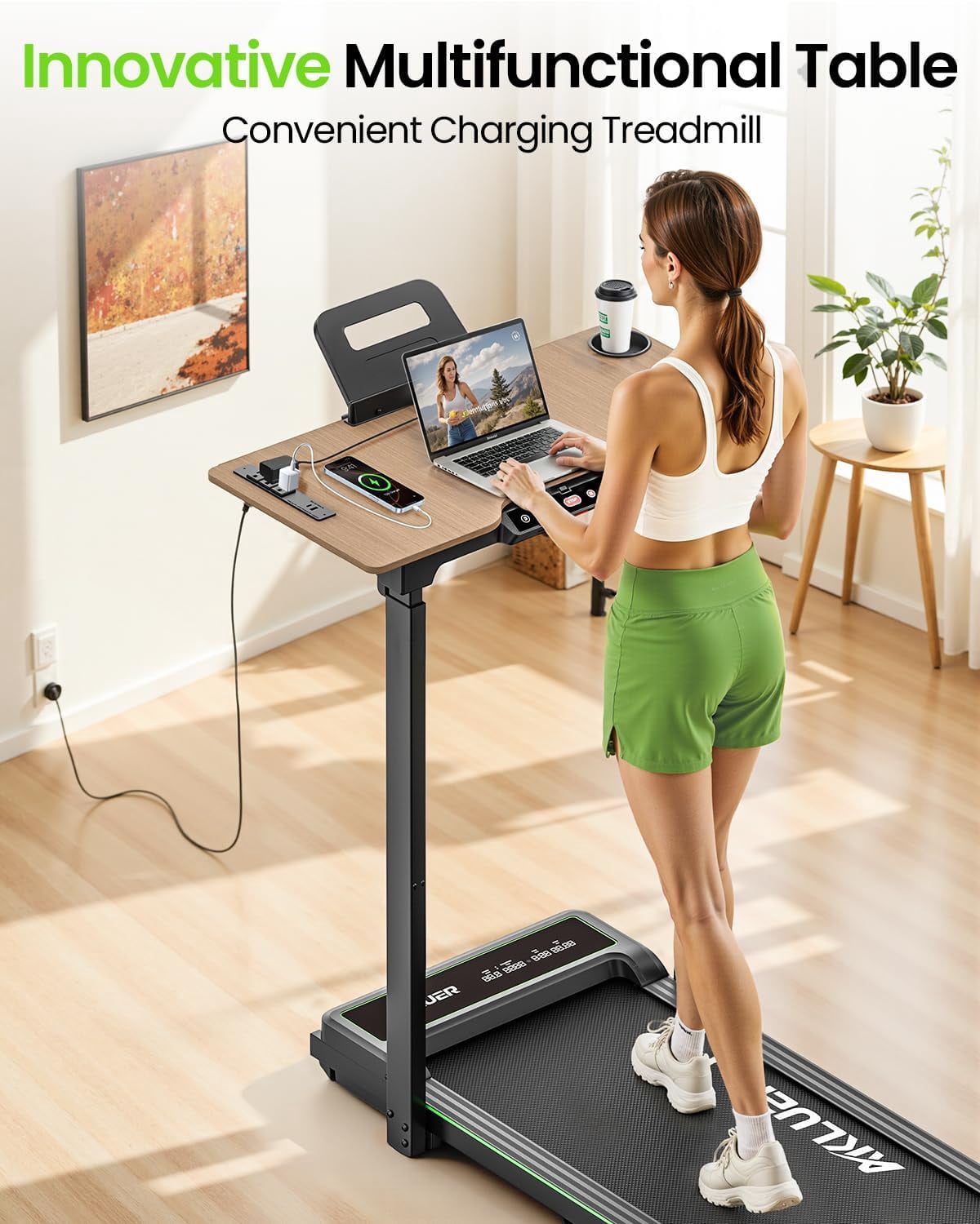 Akluer P3-D Adjustable Desk Treadmill, 2.5HP Quiet Walking Pad with Integrated Desktop, Remote Control, 6.2MPH, Compact Folding Design