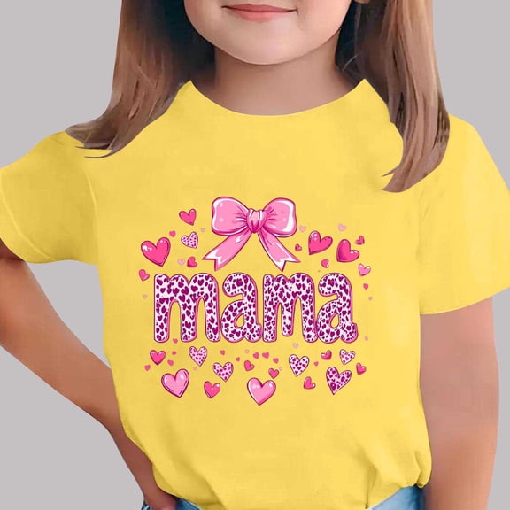 ITSAME Girls T-Shirt, Round Neck Mother's Day Print Short Sleeve Festival Casual Comfortable Tops for Kids Yellow Size 12-13T