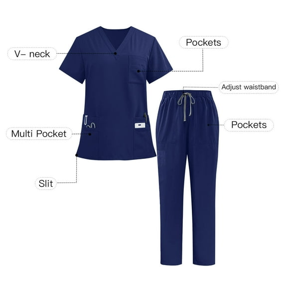 Bzhegqhd Unisex Medical Scrubs Set V-Neck Short Sleeve Top with Two Pockets and Elastic Drawstring Waist Pants Uniform for Nurses Men Women Caregiver Hospital Workwear