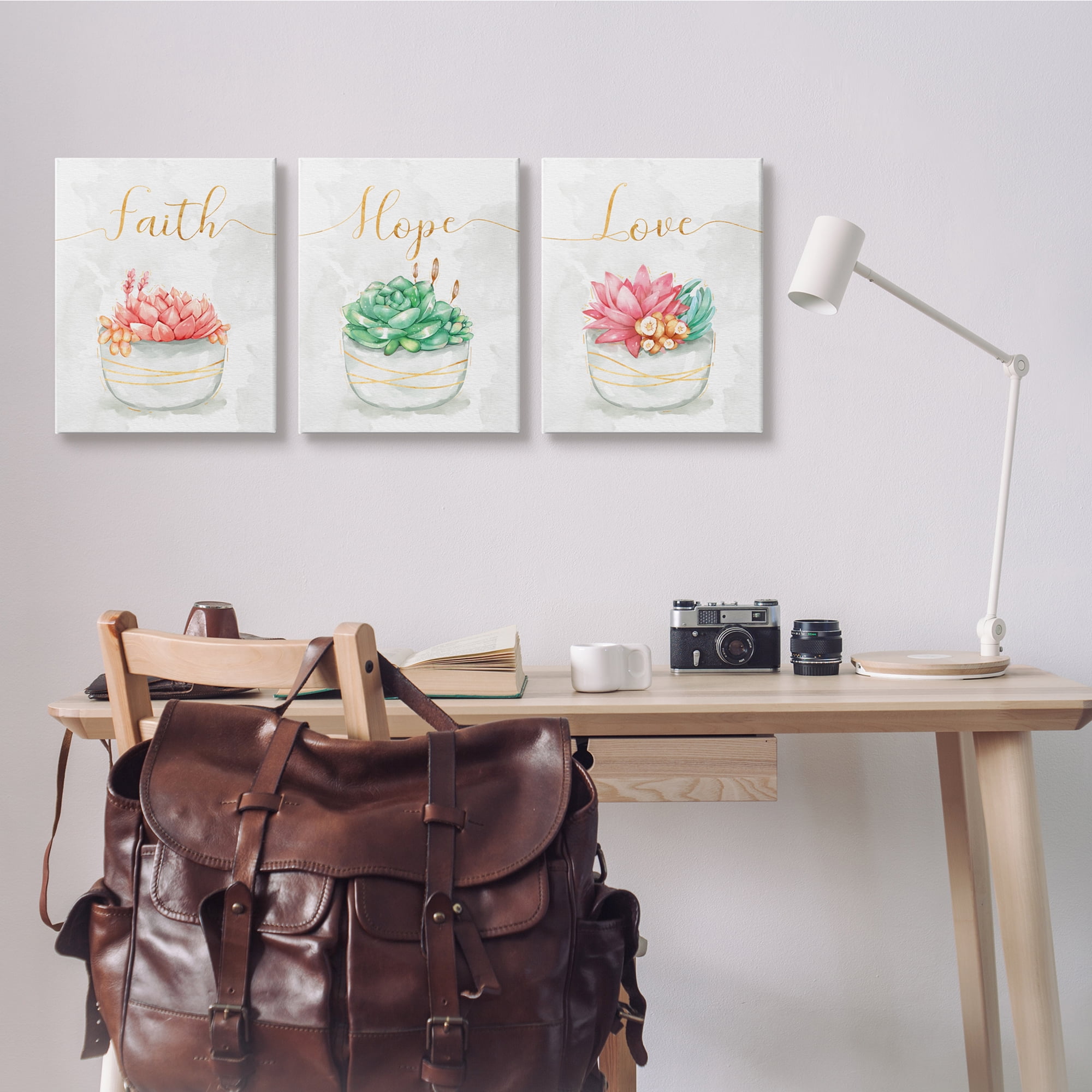 Stupell Industries Charming Succulent Plants Faith Hope Love Phrases Botanical & Floral Painting Gallery Wrapped Canvas Art Print Wall Art, 16 x 20, Set of 3