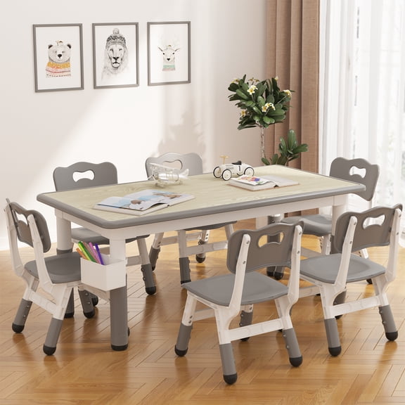 7Pcs Kids Table and Chair Set with Storage Box, Height Adjustable Toddler Table and Chairs Set for Ages 2-10, Graffiti Desktop, Non-Slip Legs, for Daycare Classroom Home