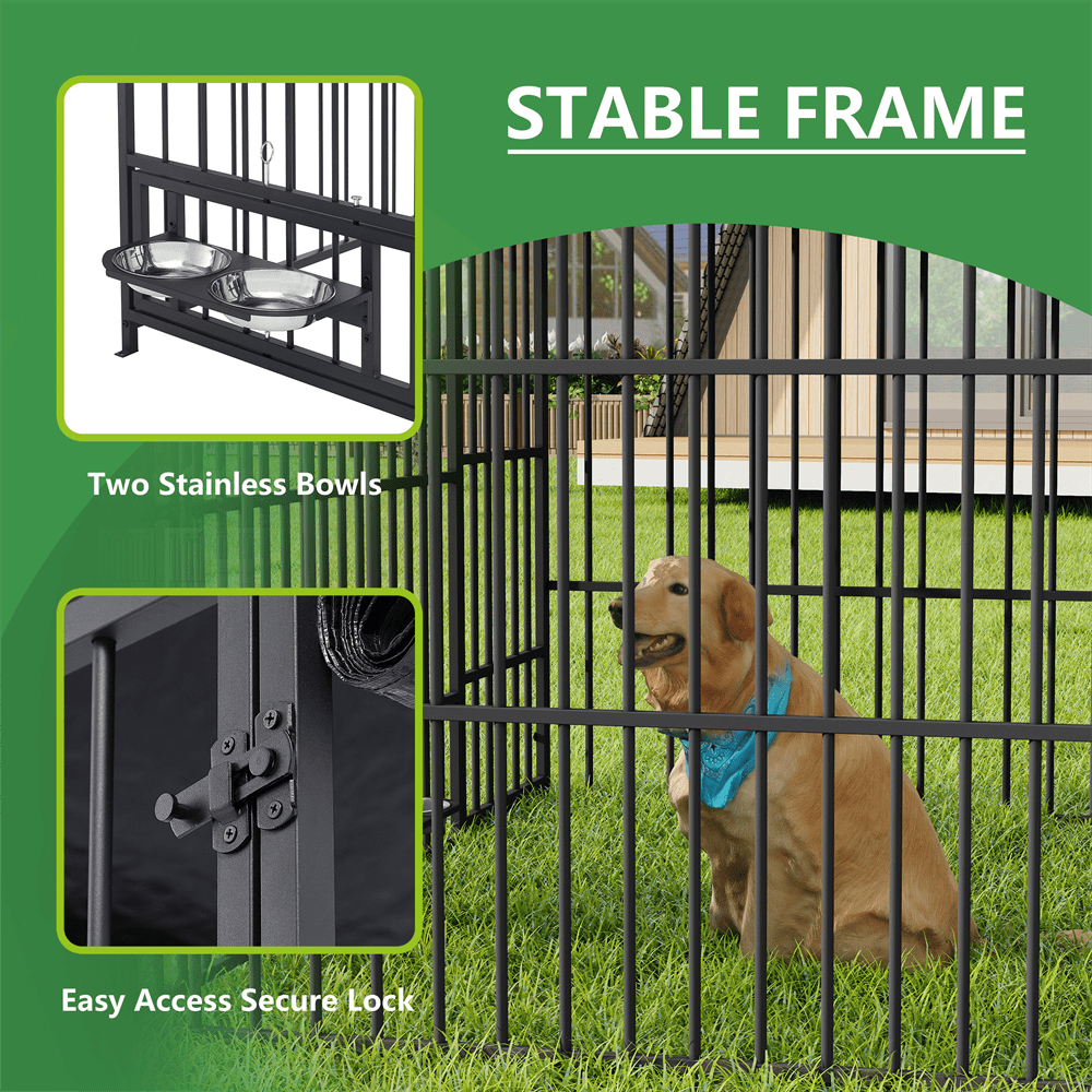 MIDOQIN Outdoor Dog Kennel with Roof Cover, Lockable Feeding Door, 2 Stainless Steel Bowls, Heavy-Duty Pet Enclosure Fence with Canopy, 6.6'L x 6.6'W x 6.4'H