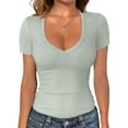 thumbnail image 2 of JoveMarine Women's Slim Fit V-Neck Short Sleeve T-Shirt Solid Color Fitted Tee Casual Summer Top for Daily Wear Spring/Summer Mint Green S, 2 of 5