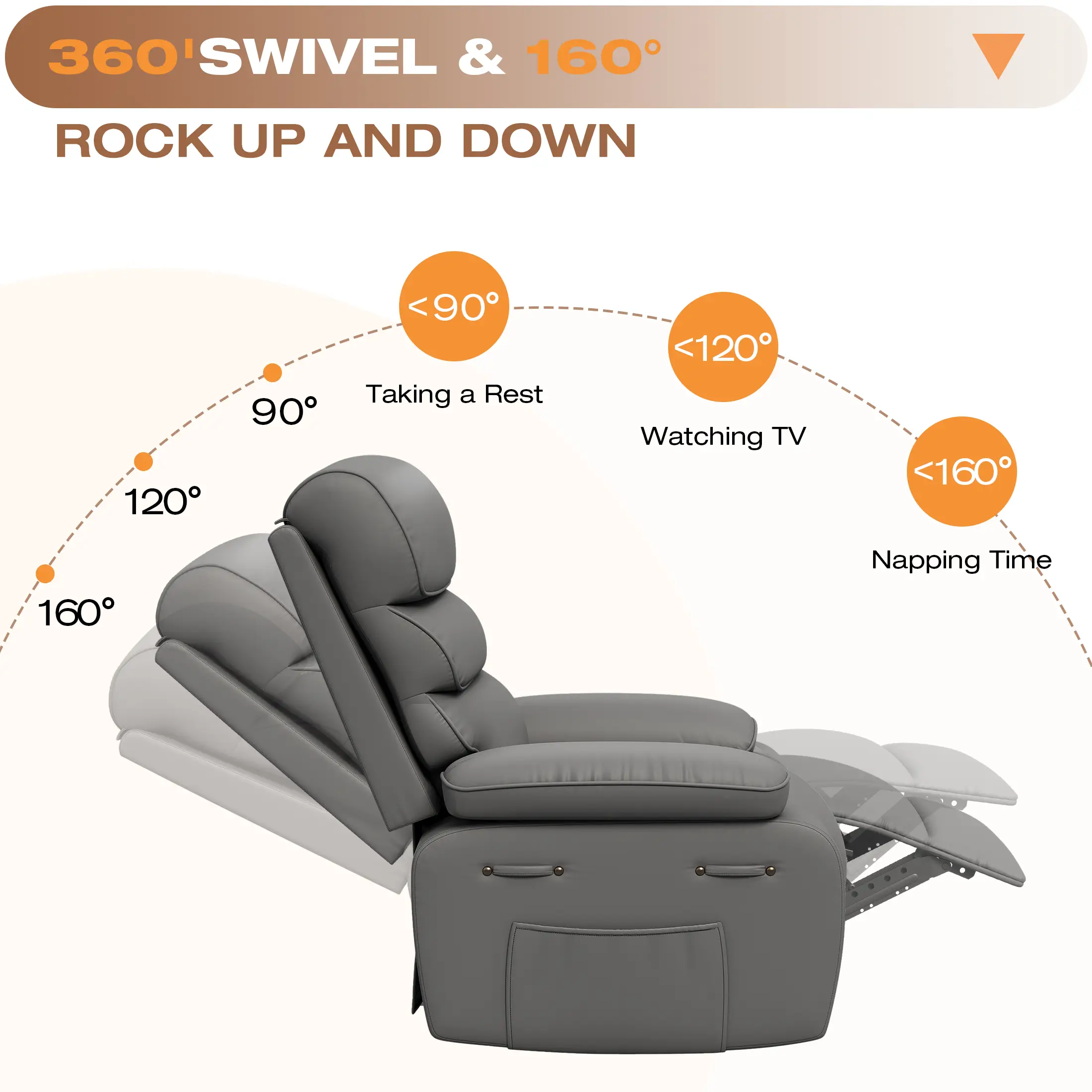 Techmilly Oversized Swivel Rocker  Recliner Chair with Heat and Massage, Adjustable Recline for Living Room,PU Leather (Dark Grey 35" Seat Width)