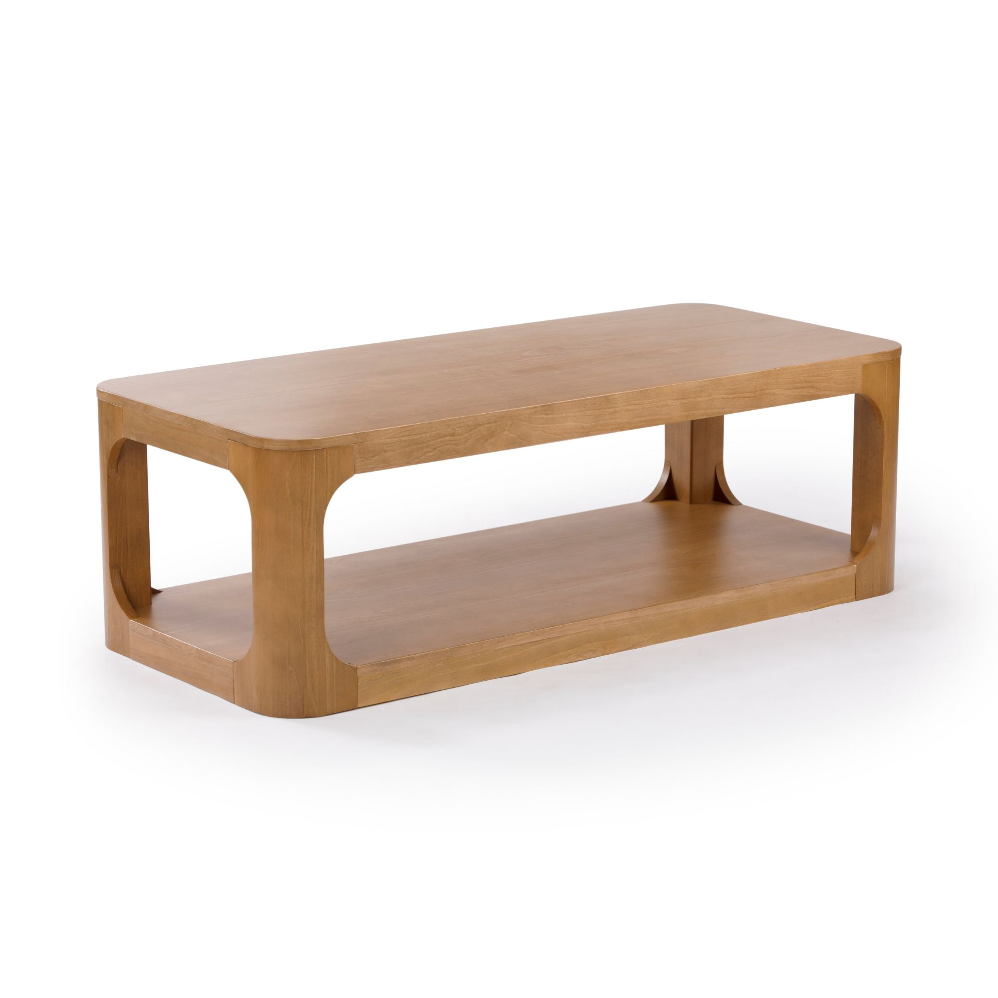 Plank+Beam Solid Wood Forma Coffee Table, 54" Modern Coffee Table with Storage Shelf, Pecan