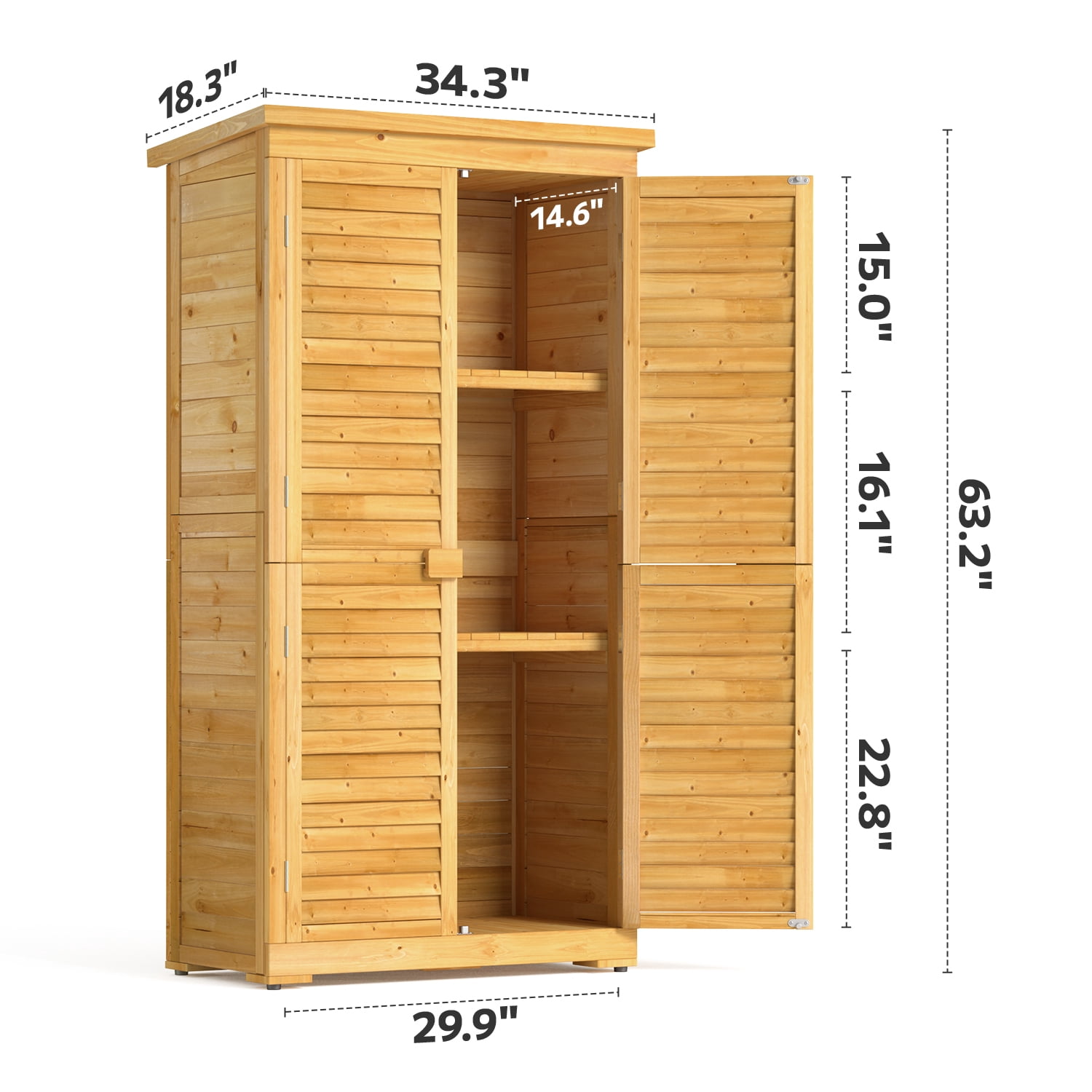 Asofer Wooden Outdoor Storage Shed, Waterproof Sloping Roof, Adjustable Shelves & Lockable Door, Natural