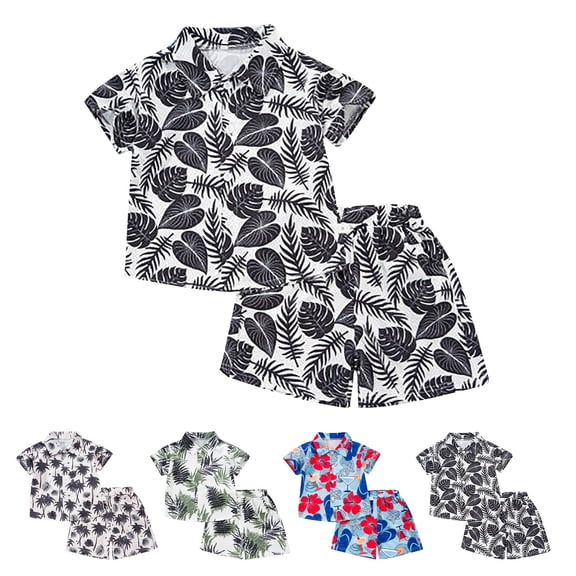 Trendfront Toddler Boys Cruise Wear Collared Short Sleeve Flower Print Beach Shirt and Shorts Summer Casual Garment Set