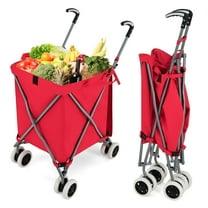 Folding Shopping Cart with Wheels and Canvas Bag, 120 lbs Capacity, 24 Gallon X-Shaped Grocery Cart with Fitted Cover, Waterproof Liner, and Steel Frame, Red