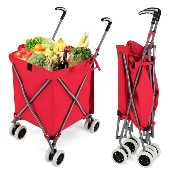 Folding Shopping Cart with Wheels and Canvas Bag, 120 lbs Capacity, 24 Gallon X-Shaped Grocery Cart with Fitted Cover, Waterproof Liner, and Steel Frame, Red
