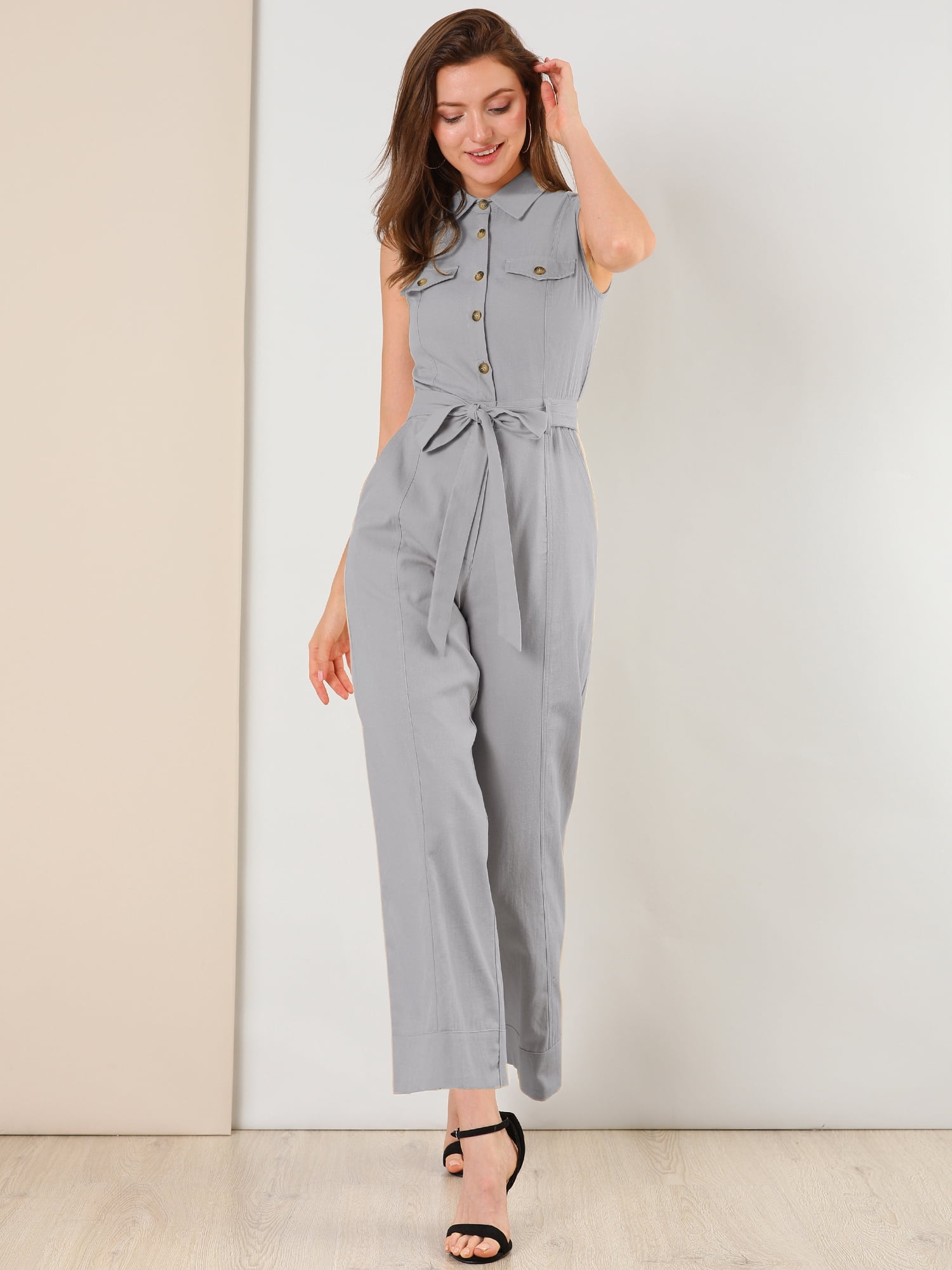 DARING DIVA Women's Wide Leg Jumpsuit Sleeveless Collared Tie Waist Coverall S Light Grey
