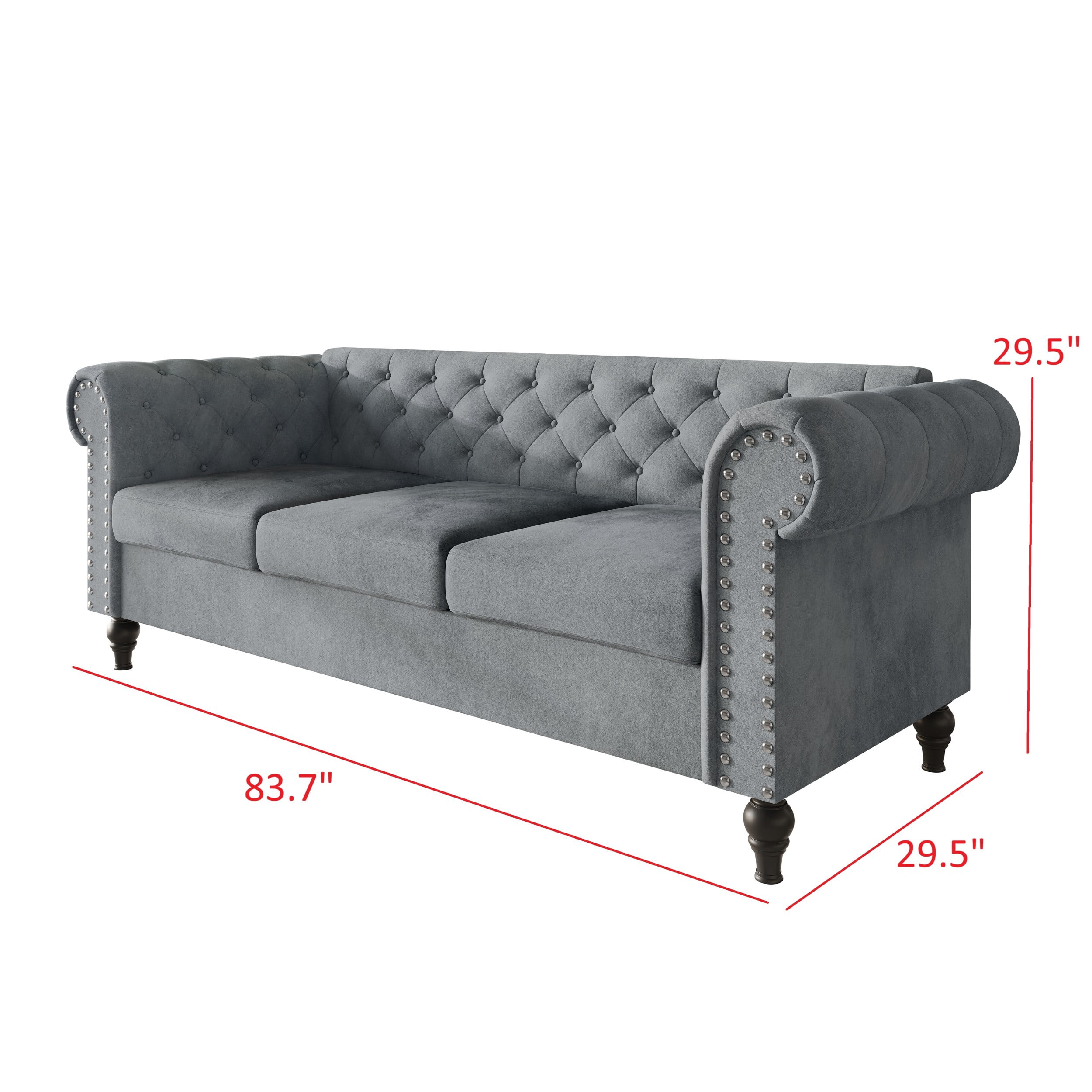 Home Design Kelso Velvet Rolled Arm Sofa with Deep Button Tufting, Nailhead Trim and Turned Legs, Gray