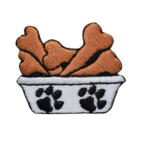 White Dog Dish with Bones, Food Bowl, Pets, Animals, Embroidered, Iron on Patch