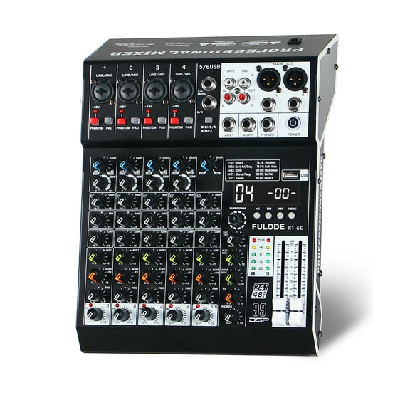Audio Mixer 6 Channel Professional Sound Mixer Console with 99 DSP Effects, Mixing Board DJ Mixer w/USB, Bluetooth, 48V Power Supply, PAD Button for Recording Karaoke PA Drum Live Music