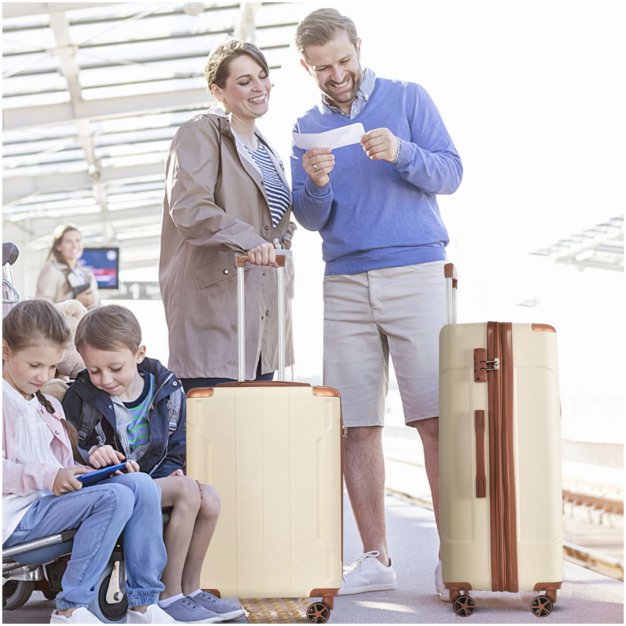 28" Hardshell Check-in Suitcase, Expandable TSA Lock Luggage with 4 Double Wheels, Lightweight ABS, Brown and White