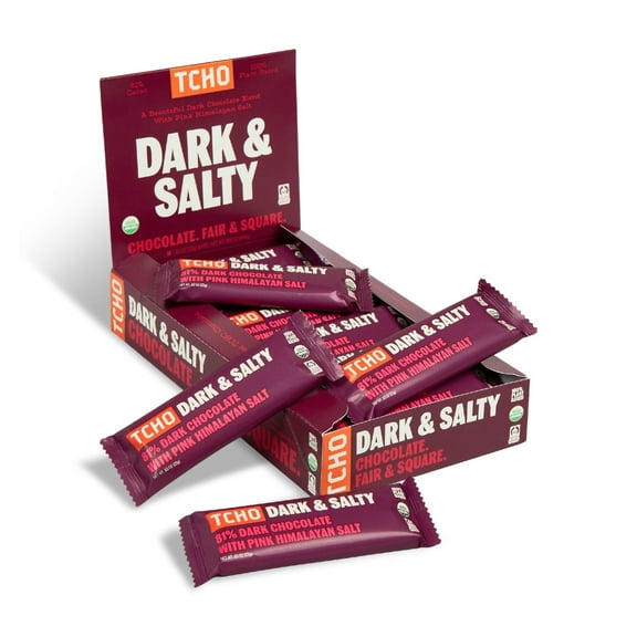 TCHO Dark & Salty Chocolate Bars - Organic 81% Dark Chocolate with Pink Himalayan Salt - Individually Wrapped 100% Plant-Based Pure Cacao Bars for Guilt-Free Indulgence (18-Pack)
