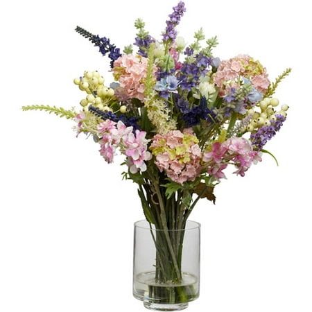 Nearly Natural Lavender and Hydrangea Artificial Flower Arrangement  Multicolor Nearly Natural Mixed Lavender & Hydrangea Silk Flower Arrangement Picking the best samples from a cornucopia of choices  this Lavender and Hydrangea Arrangement is a delight of pastel and cream colors. Reaching 16 inches high and then spreading outward  this bountiful collection of flowers is the perfect addition to any home or office. Comes with a clear vase with liquid illusion  and they look so real  you ll have people asking to see your garden. Height: 16    Width: 13    Depth: 13  . Category: Silk Arrangement. Color: Mixed. Vase: W: 3.5 in  H: 4.5 in Brand: Nearly Natural Model Number: 1368-4760Shipping Details
