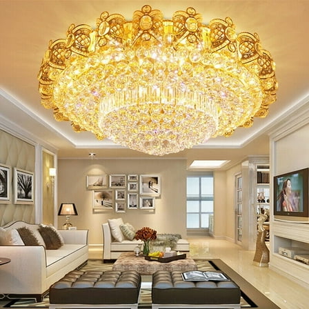 KPIBEST Modern Crystal Gold Flush Mount Chandelier,23.6" Round Crystal Ceiling Light Fixture for Bedroom Living Room Hallway