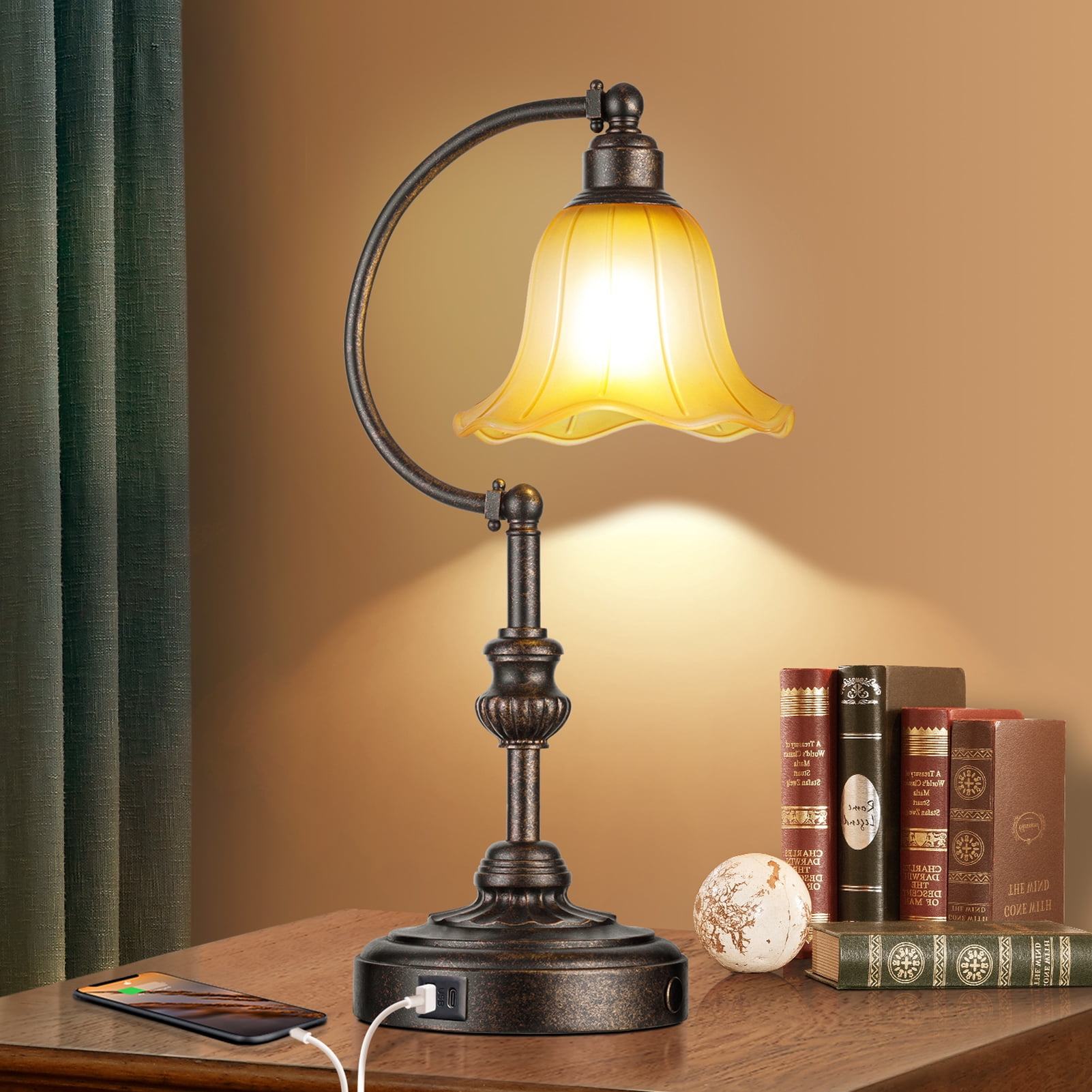 RORIA Rustic Farmhouse USB A+C Charging Port Touch Table Lamps, 3-Stage Dimmable Bedside Lamp 20", Amber Vintage Glass Lampshade for Living Room Bedroom Nightstand