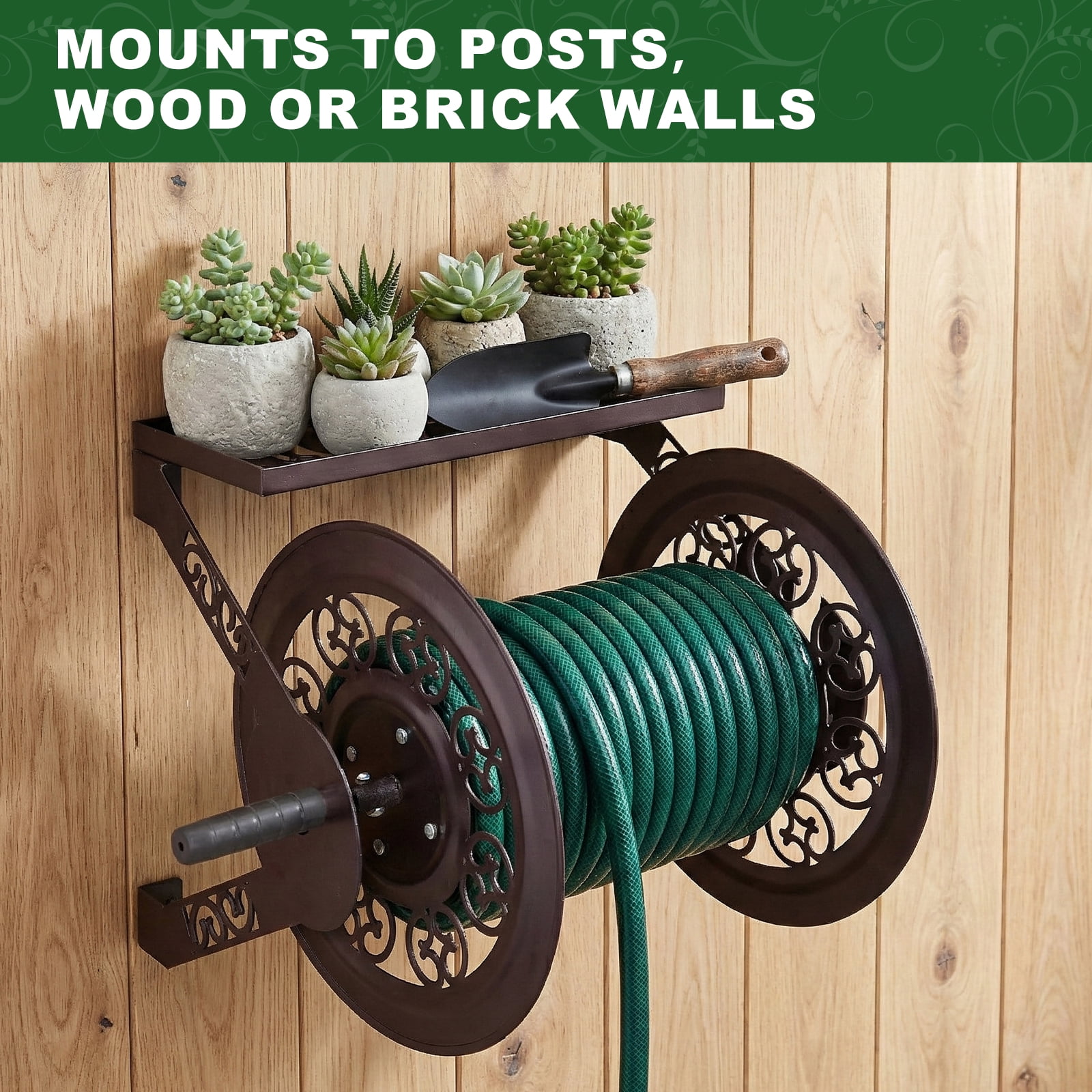 UBesGoo Wall Mount Hose Reel, Iron Garden Hose Holder for Outdoor Storage with Retro Brown Finish