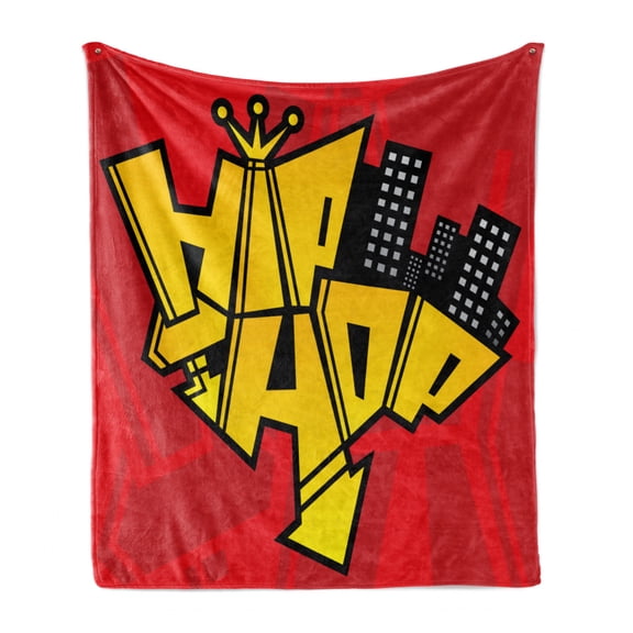Hip Hop Soft Flannel Fleece Throw Blanket, Funky Graphic Hip Hop Font with Urban Downtown Skyline Illustration, Cozy Plush for Indoor and Outdoor Use, 70" x 90", Vermilion Yellow, by Ambesonne