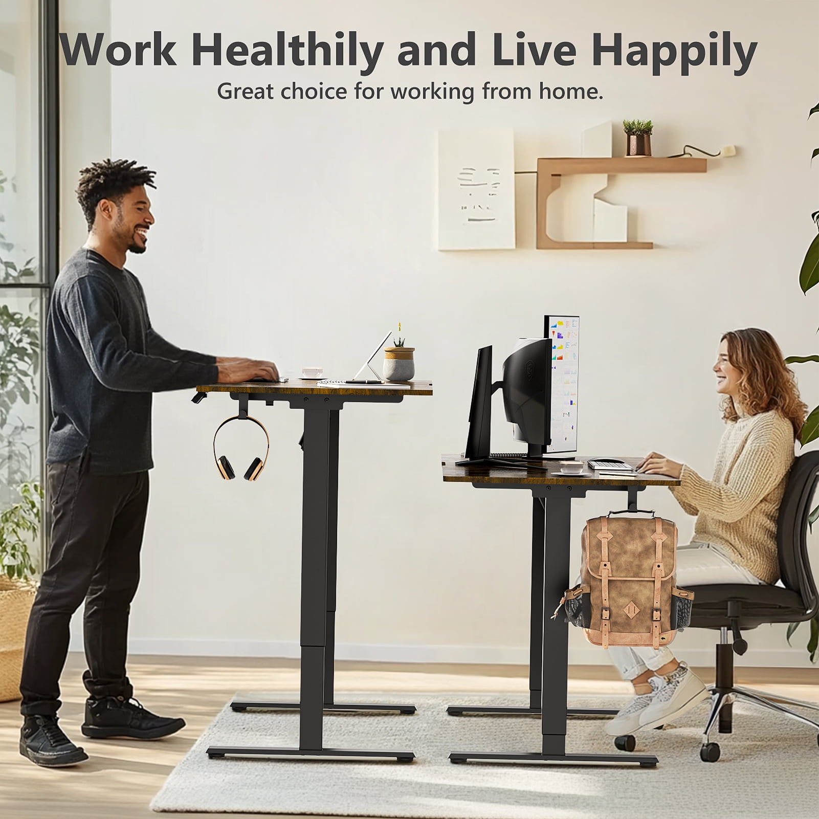 VVENACE Electric Standing Desk, Office Desk, Computer Desk, 55 inch 4 Memory Height Ergonomic Sit Stand up Desk, Height Adjustable Desk, Brown, 2 Split Boards