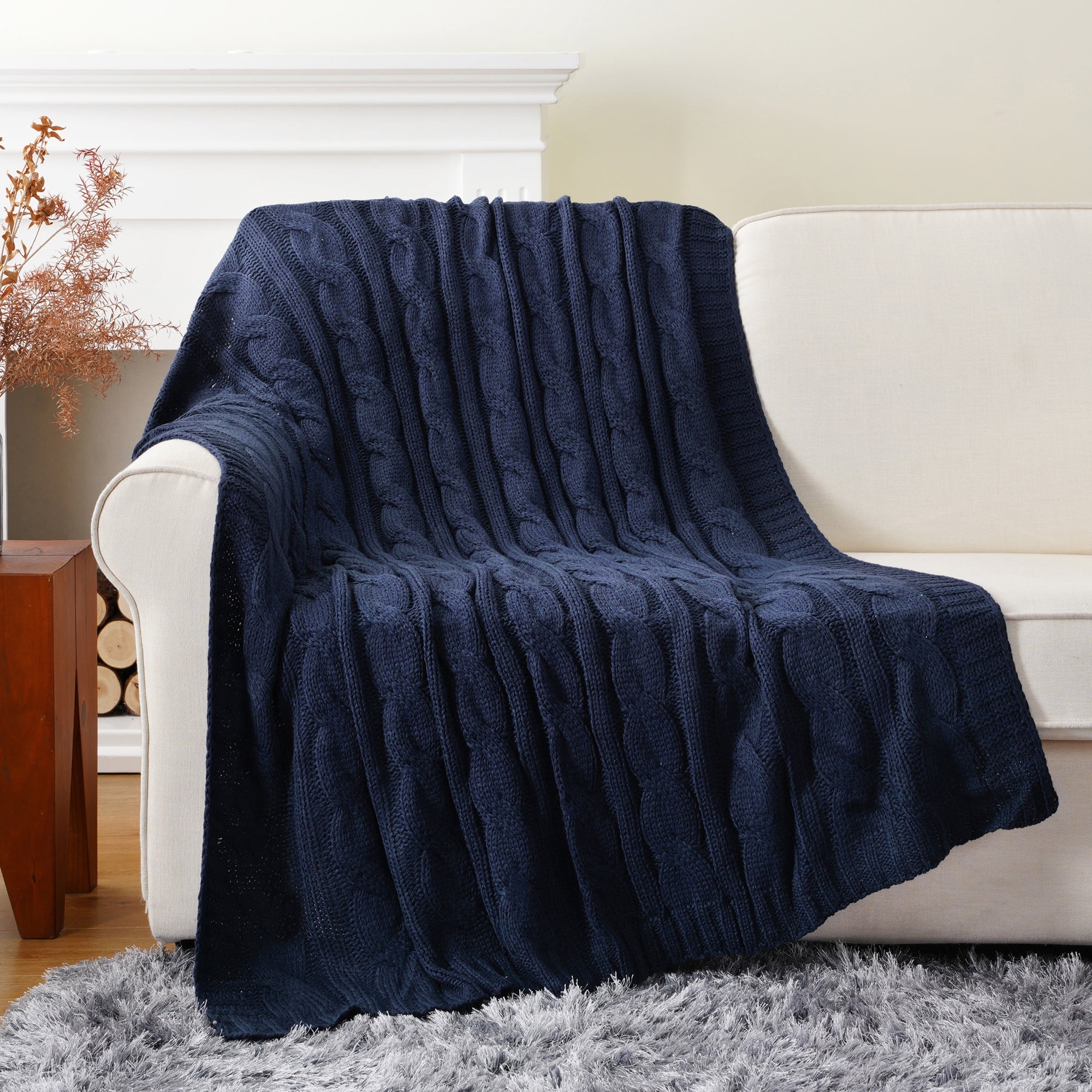 Battilo Navy Cable Knit Blankets,Herringbone Cozy Decorative Knitted Throw,Housewarming Gifts,50"x60"