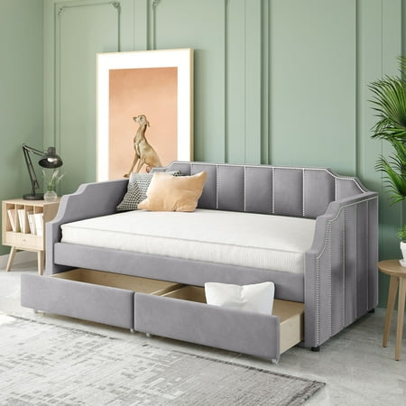 Twin Size Upholstered Daybed with Two Storage Drawers  Velvet Sofa Bed with Backrest and Wood Slat Support for Bedroom  Two Armrests with Rivets  Sofa Bed Frame for Toddlers Kids Teens  Gray