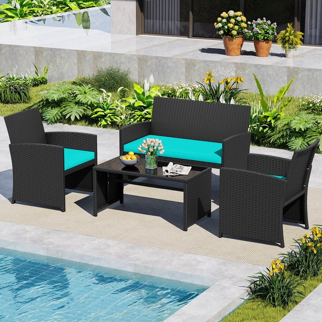 Costway 4 PCS Patio Conversation Set with Seat Cushions & Tempered Glass Tabletop, Porch Turquoise + Black