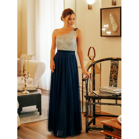 Ever-Pretty Women's One Shoulder Sequins Long Formal Evening Homecoming Bridesmaid Dresses for Women 07404 Navy Blue US