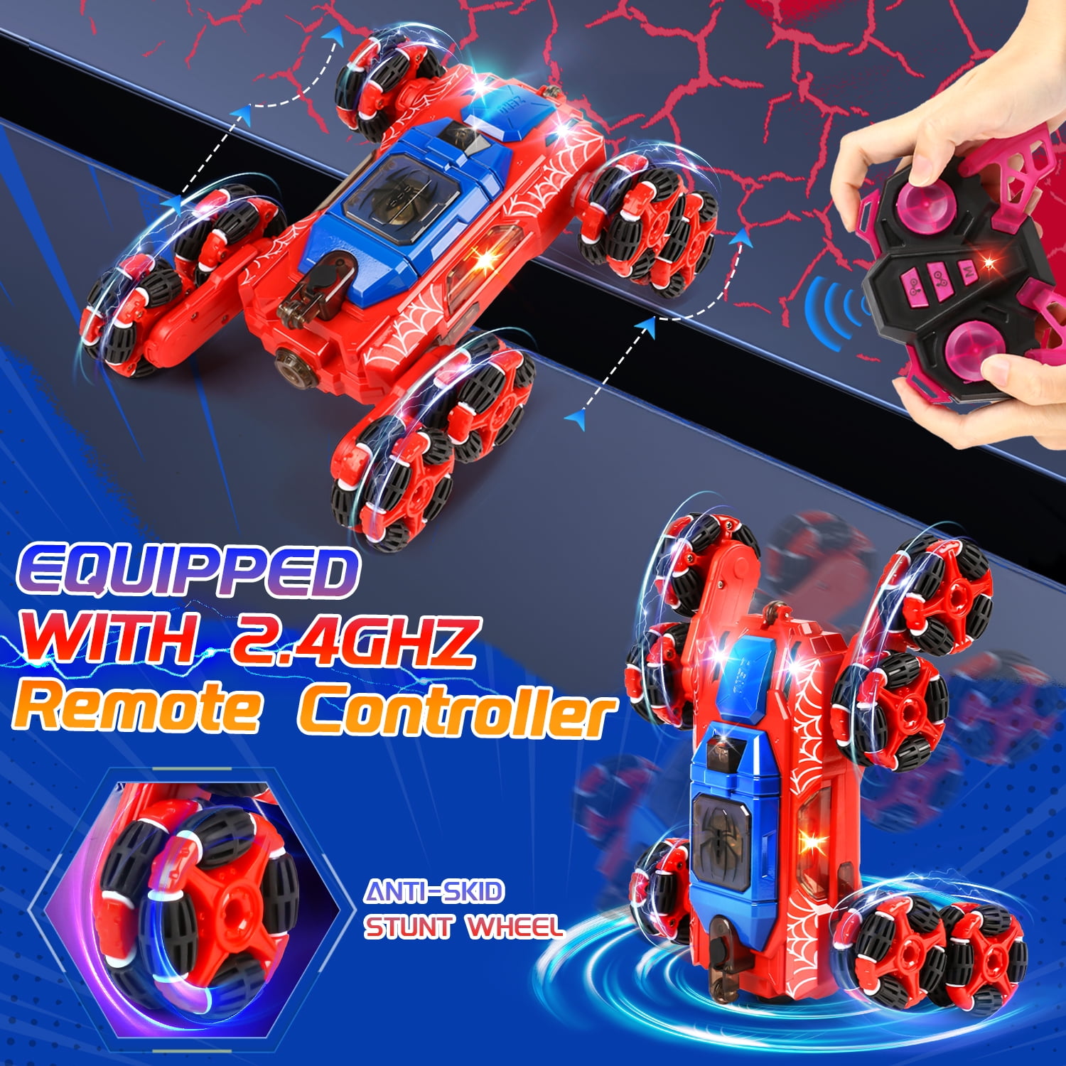 Huge Wave 8WD Remote Control Car for 4-9 Year Old Boys, 2.4GHz RC Stunt Car with Lights Music Spray, Double Sided Race Car, Christmas Birthday Party Gift for Kids