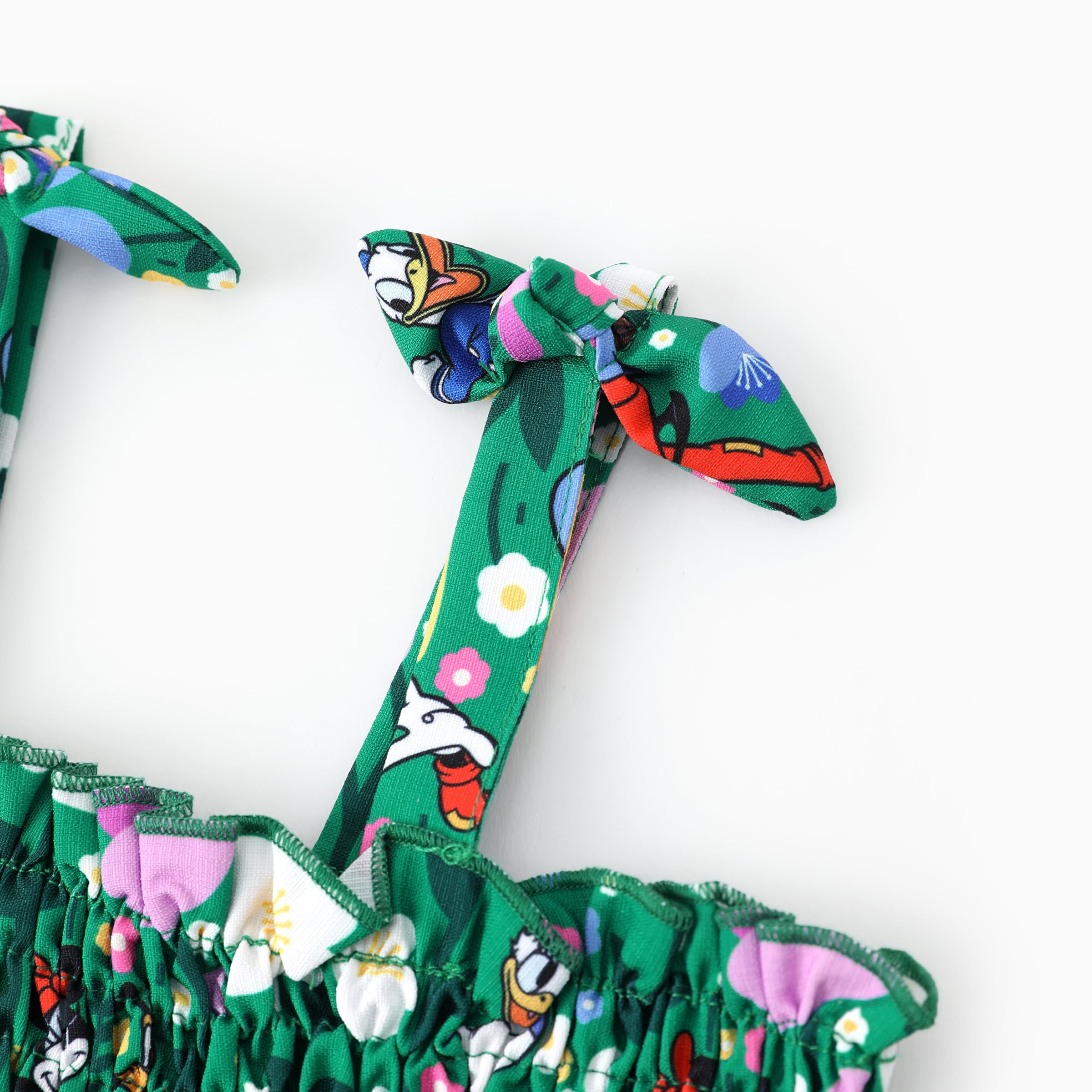 Disney Mickey and Friends Girls Dresses Graphic Flower Bow Green Suspender Smocked Dress Size 2T