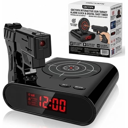 Gun and Target Alarm Clock with Gun Shooting Game Digital Shot Timer Alarm Clock Interactive Wake You Shoot Personalized LED Display Bedside Kids Adults Fun Gift Bedroom Office