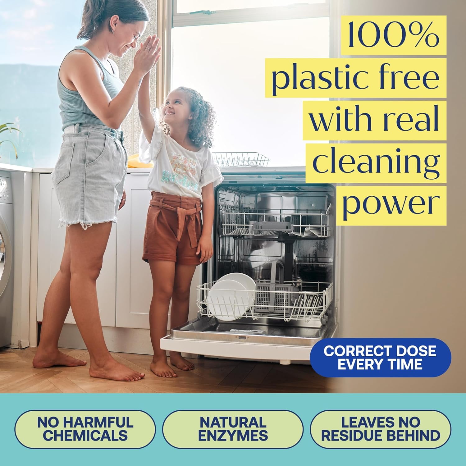 100% Plastic-Free Dishwasher Detergent Tablets, Clean Ingredients, Fragrance Free, No Residue, Powerful Enzyme-Based Dishwasher Pods, 60 Count.