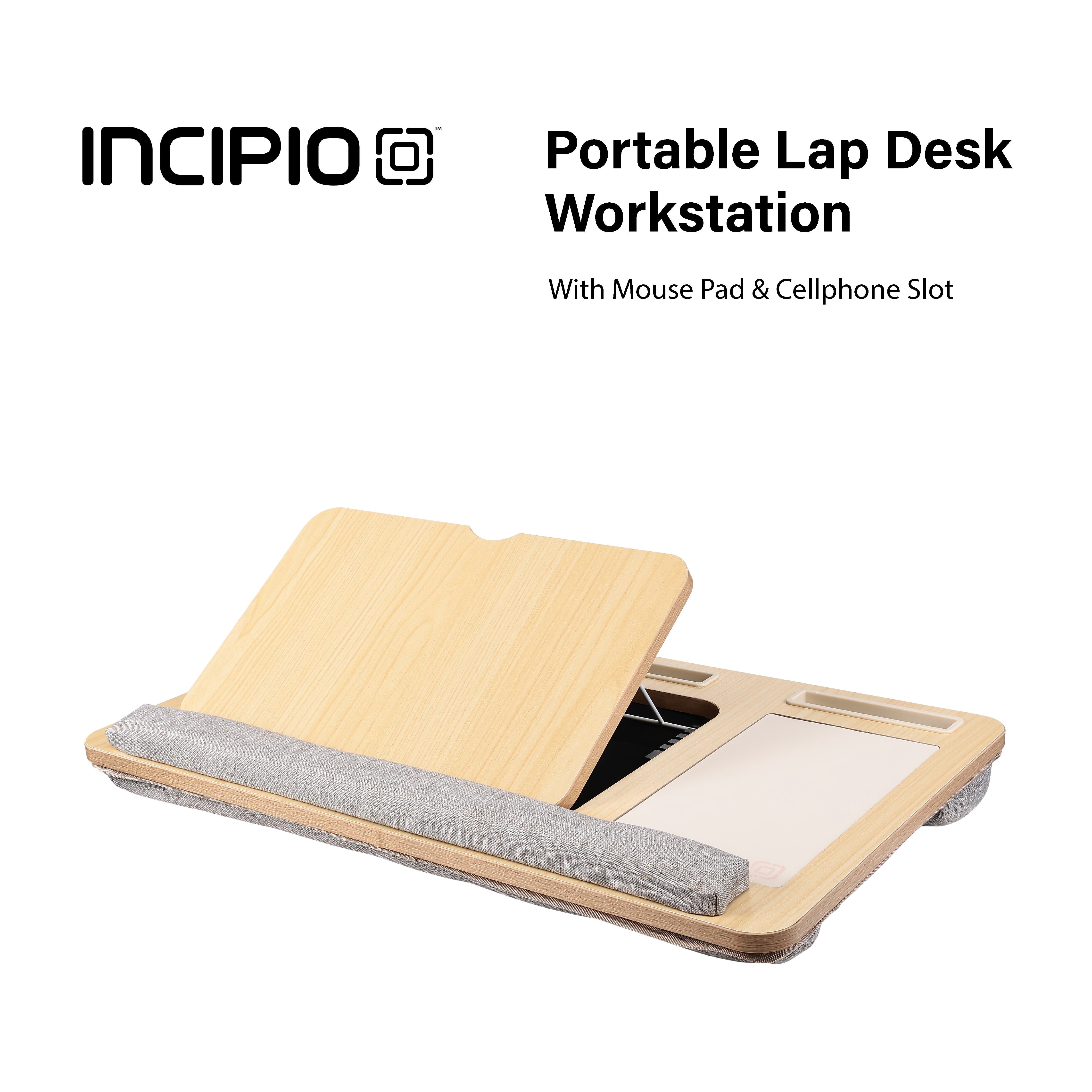 Incipio Portable Lap Desk Workstation with Cushion Base & Carry Handle, Built-in Mouse Pad, Tablet & Phone Holder Slots, Adjustable Laptop Stand for Bed, Couch & Office Use-Oak