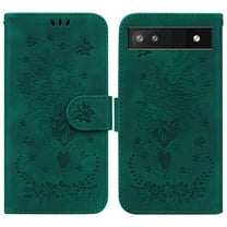 Feishell Wallet Phone Case for Google Pixel 6a,for Women Men,Butterfly & Rose Embossed PU Leather Magnetic Clasp Flip Stand Card Slots Shockproof Ultra Thin Protective Cover,Green