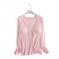 thumbnail image 2 of T Shirt Built-in Padded Bra Soft Pajama Tops Long Sleeve Shirts V Neck Shirts Fall Clothes Outfits Pink XL, 2 of 3