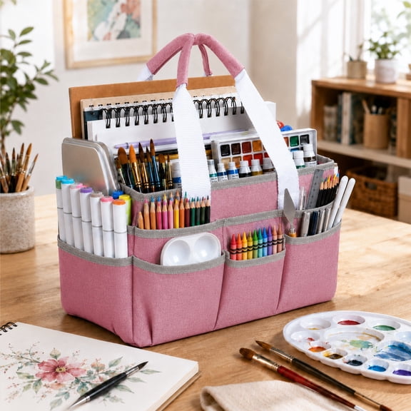 LAVFOX Craft Organizer Tote Bag, Portable Art Storage Caddy with Multiple Pockets, Pink