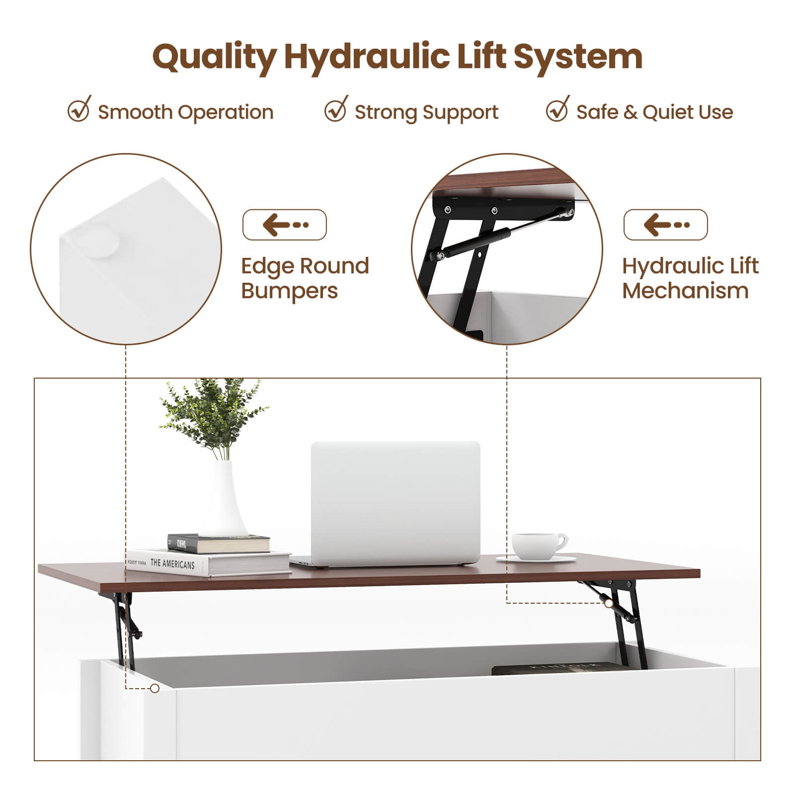 Costway Lift Top Coffee Table w/ Hidden Compartment and Storage Shelves Modern Furniture White