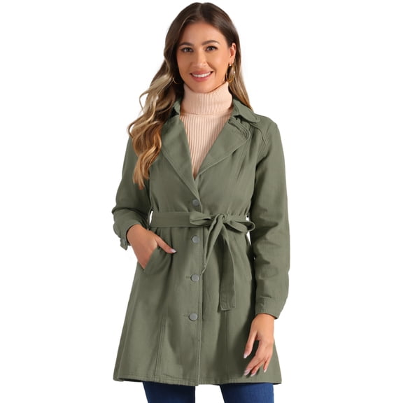 DARING DIVA Trench Jean Notched Lapel Long Sleeve Denim Jacket S Army Green