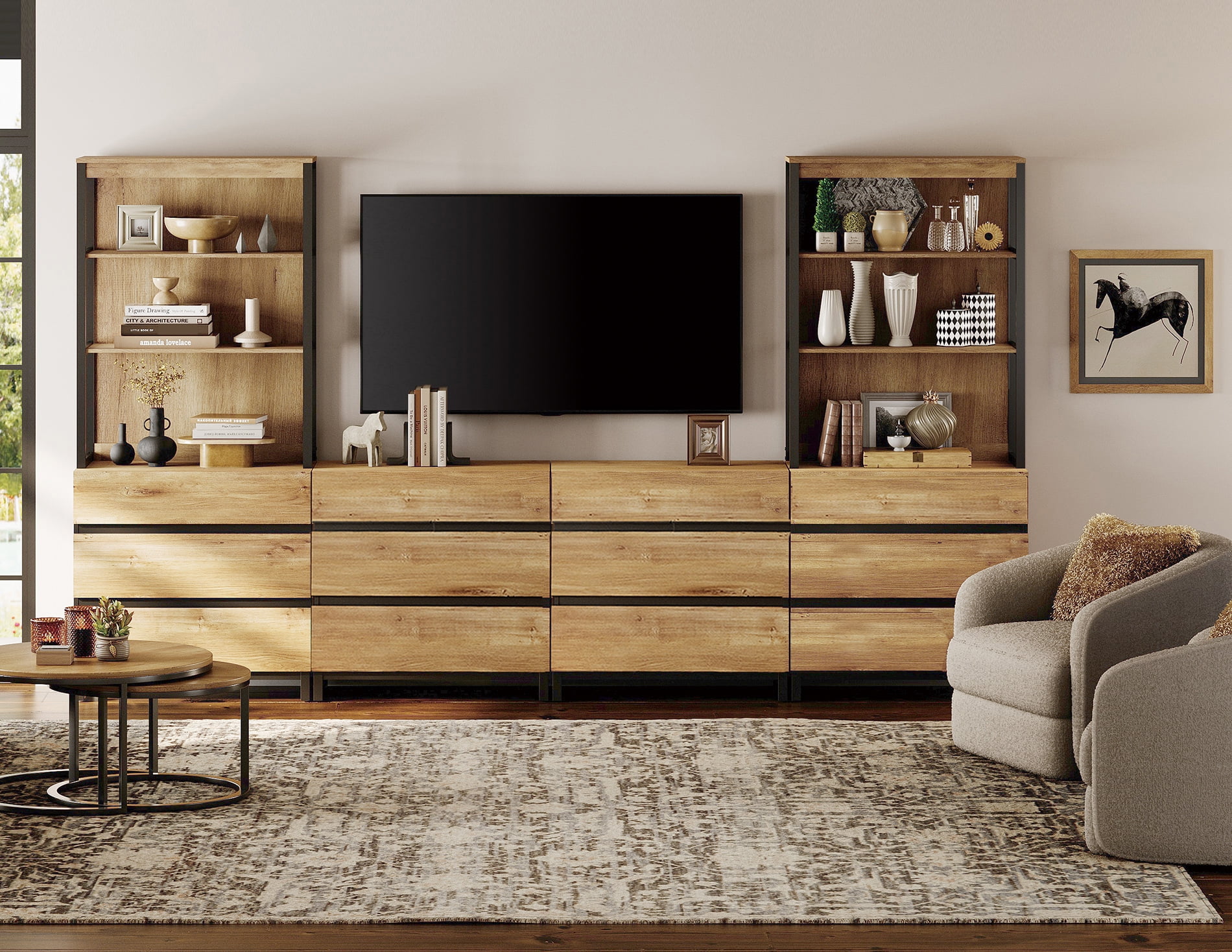 WAMPAT Modern TV Stand with 3 Tiers Bookshelf, Farmhouse Entertainment Center with 12 Drawers and Adjustable Shelf, Wooden Media TV Console with Black Metal Leg for Living Room, Oak