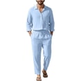 thumbnail image 2 of Men's Linen Blend Camp Collar Long Sleeve Shirt and Drawstring Pants Two Piece Outfit Light Blue L, 2 of 7