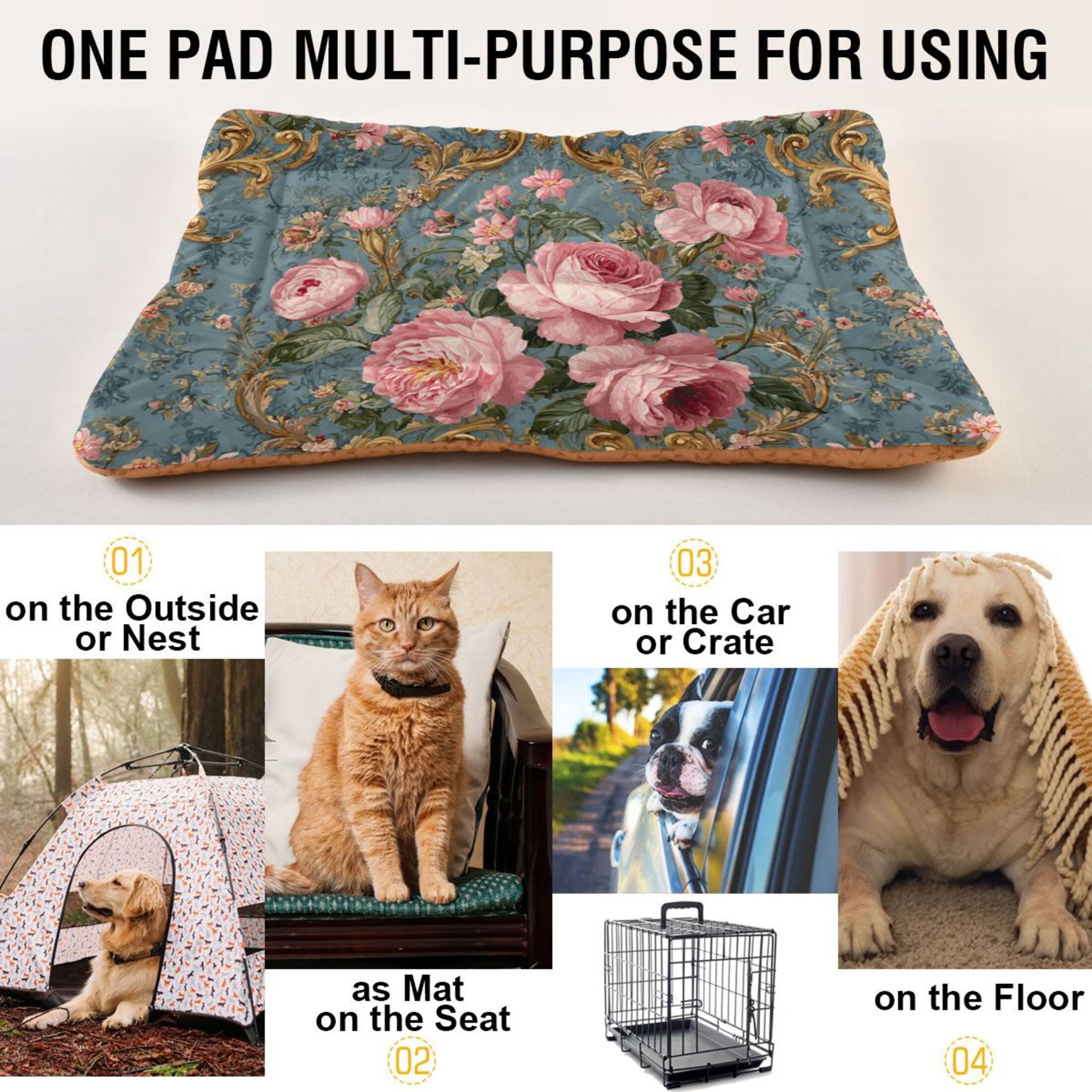 Cozy Mat Pet Bed Indoor Outdoor Warm Soft For Cat Dog Puppy(S/M) Golden Baroque Ornament
