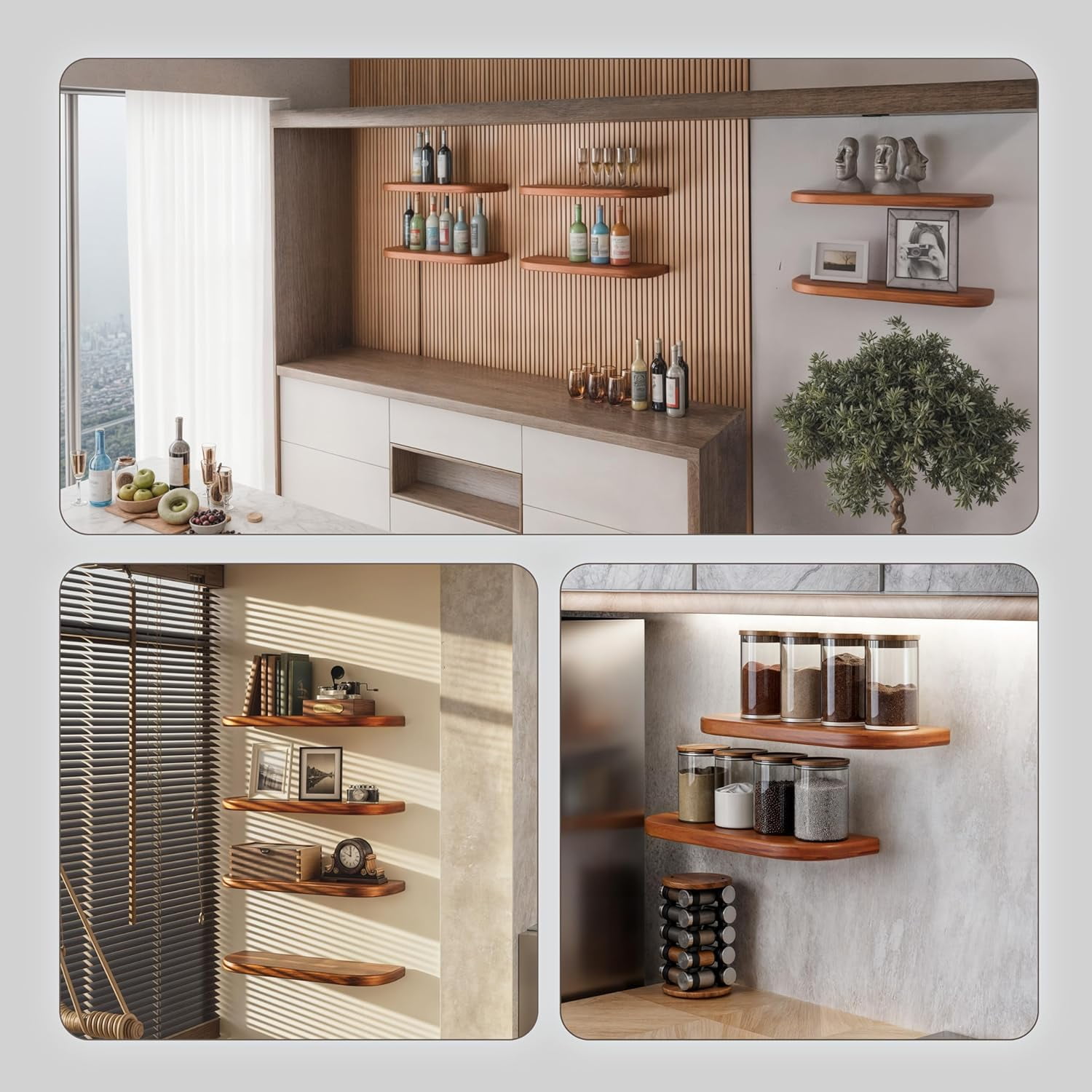 TIDITA 17" Acacia Wood Floating Shelves Wall Mounted (Round Edge), Wooden Shelf for Bedroom, Kitchen - Brackets and Shelving Hardware Included, Brown