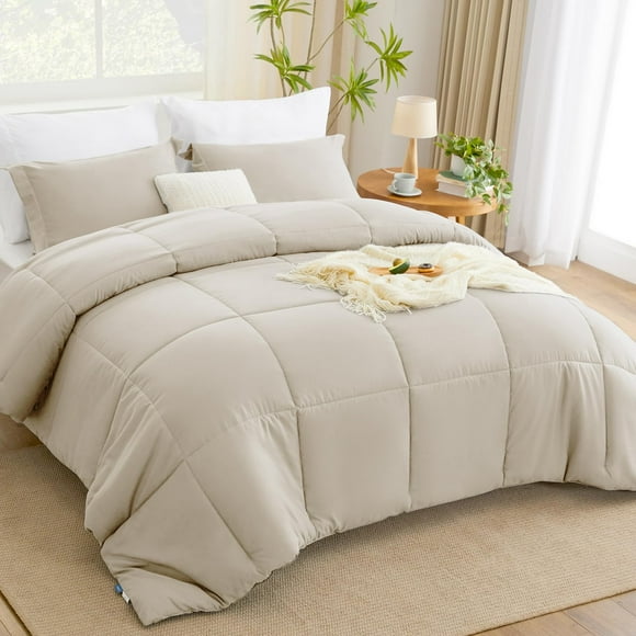 Cozylux Queen Comforter Set - Beige Comforter Queen Size 3 Pieces Box Stitched Bed Set For All Seasons Soft Lightweight Bedding Sets With 1 Down Alternative Comforter And 2 Pillow Shams