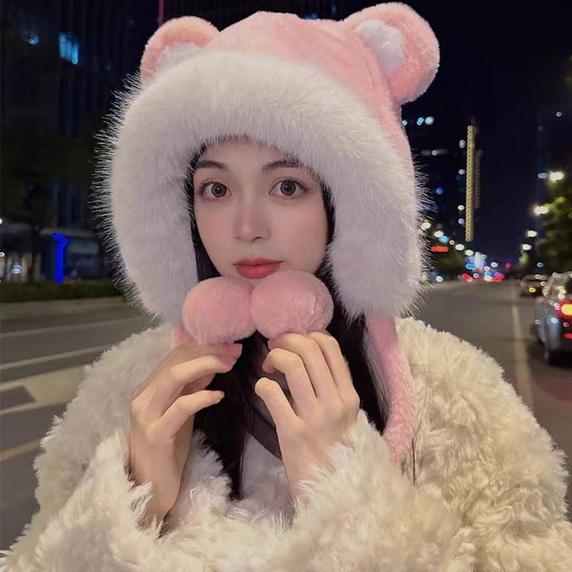 Gorro de felpa con orejas de oso lindo de estilo coreano para mujer, protección para las orejas de invierno que combina con todo, punta cerrada, grueso y cálido, gorro Lei Feng