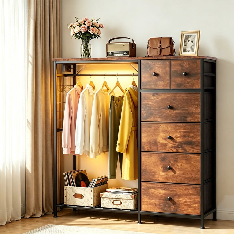 Simenmax 6-Drawer Storage Closet with LED Lights & Charging Station, 49.2" Wide Wooden Wardrobe Rack with Fabric Bins,Portable Clothing Organizer for Bedroom, Entryway, Brown